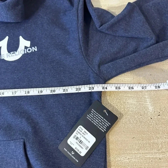 NWT True Religion Navy Blue Pullover Hoodie. Print On Back Horseshoe Logo Front - Picture 5 of 8